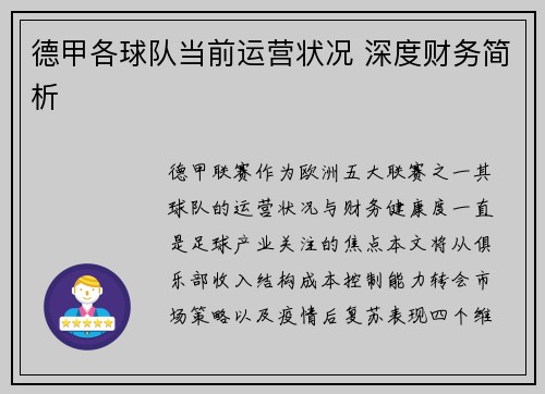 德甲各球队当前运营状况 深度财务简析