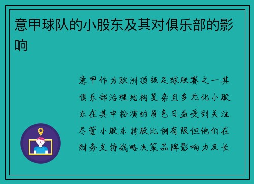 意甲球队的小股东及其对俱乐部的影响