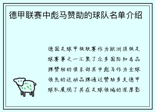 德甲联赛中彪马赞助的球队名单介绍